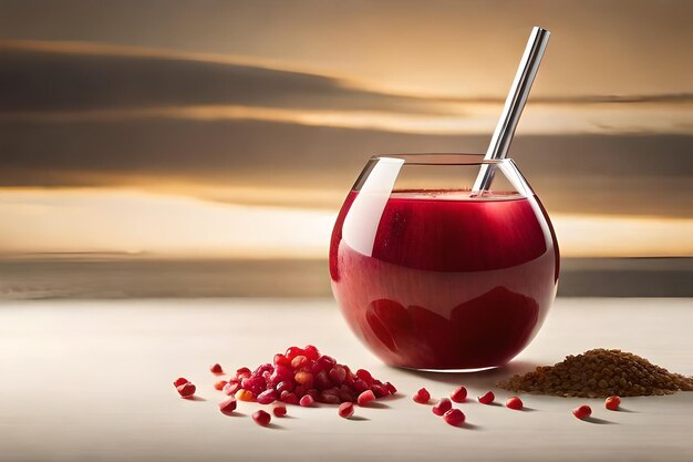 Photo a glass of red wine with hearts and seeds on the top.