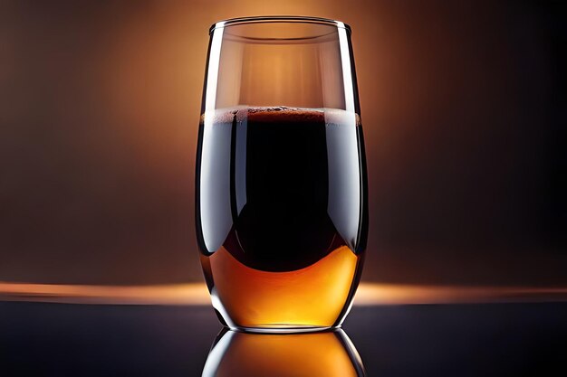 a glass of red wine with a yellow liquid in it.