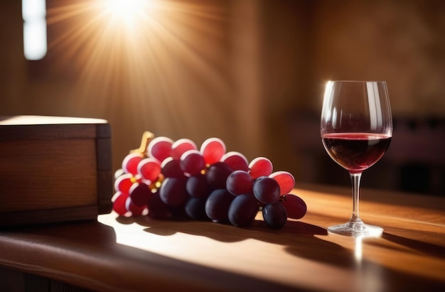 나무 테이블 위에 은 와인 한 잔, 포도 한 어리, 소멜리어, 와인 전문가, 와인 맛, 와이너리 개념, 창문의 배경에 있는 오래된 와이너리의 빛