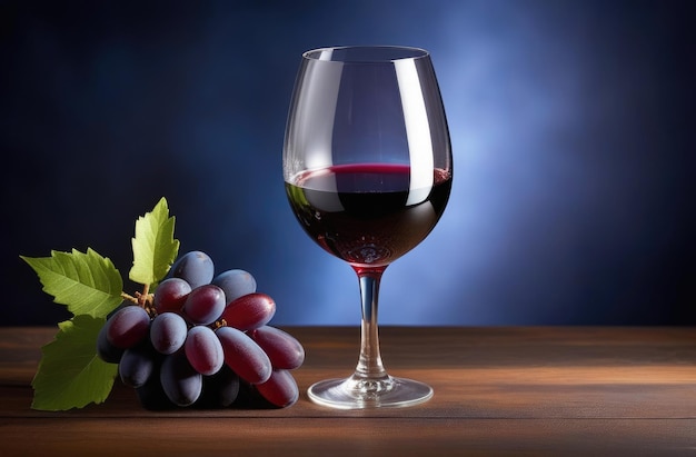 glass of red wine on a wooden table bunch of grapes wine expert sommelier wine tasting winery concept blue background