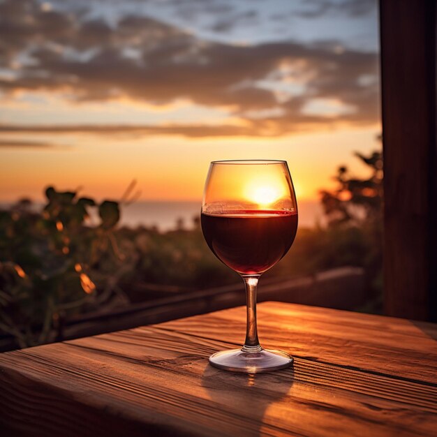 Foto un bicchiere di vino rosso su un tavolo di legno su una terrazza al tramonto generazione ai