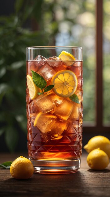 A Glass of Refreshing Iced Lemon Tea with Mint Leaves