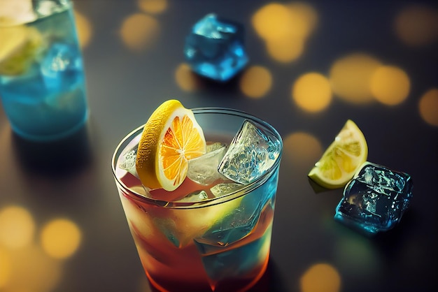 Glass of refreshing red and blue cocktail with ice cubes and\
lemon slices illustration of citrus cocktail with straw