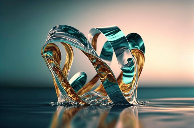 Glass ribbon on water Holographic shape in motion Iridescent gradient digital art for banner background wallpaper Transparent glossy design element flying in seascape AI generative