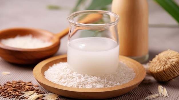 A glass of rice sits on a wooden bowl next to a bowl of rice.