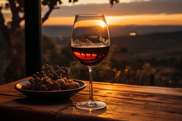 Foto un bicchiere di vino rosso ricco sedeva su un tavolo di legno rustico ai generativo