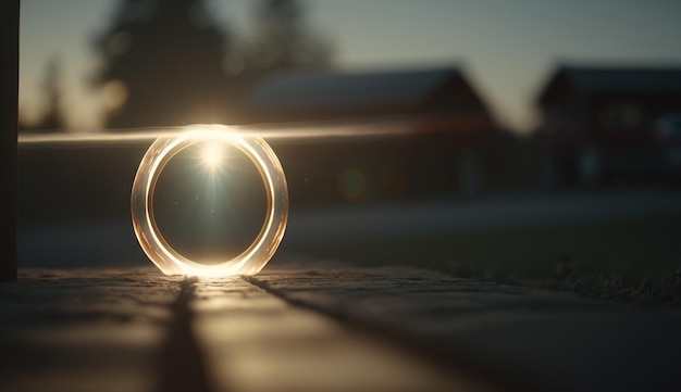 A glass ring is lit up on a wooden surface.