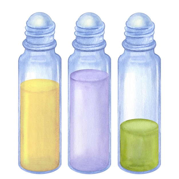 Glass Roller Ball Bottle cosmetic essential oil Yellow green lilac Hand draw watercolor illustration isolated on white background Beauty skincare