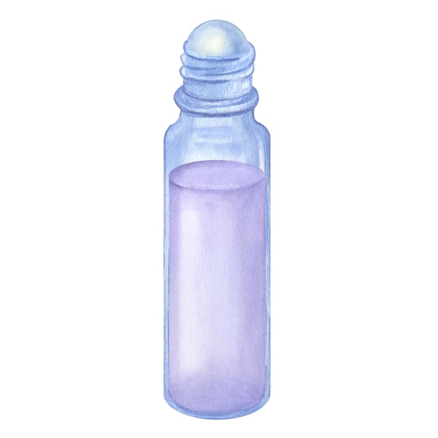 Photo glass roller ball bottle cosmetic lavender lilac essential oil hand draw watercolor illustration isolated on white background