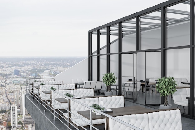 Glass roof restaurant with a terrace. White walls, a concerete floor and tables with white sofas near them. 3d rendering mock up