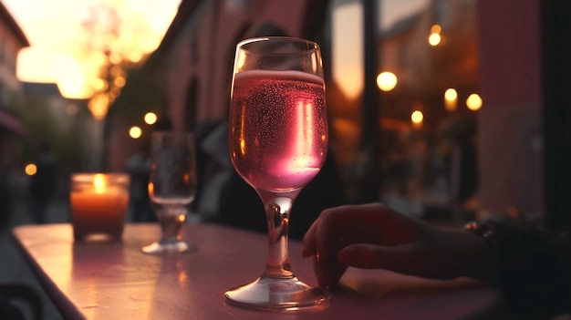 A glass of rose wine sits on a table in front of a street light.