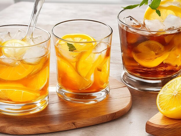 Glass of rum or whiskey over table with lemons