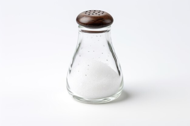 Фото Стеклянная солонка разливается на белом фоне