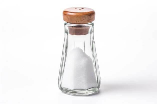 Photo glass salt shaker spills on white background