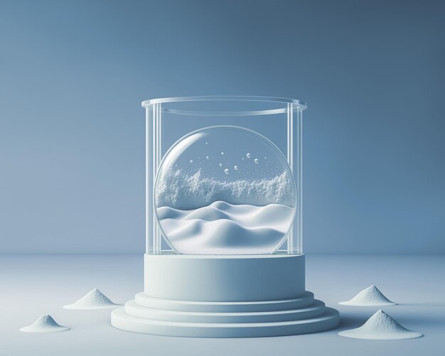 Glass of sand on the podium with blue background