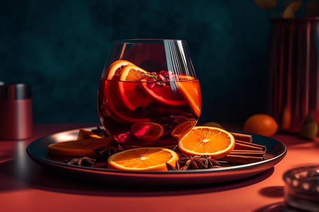 A glass of sangria sits on a wooden tray next to a plate with orange slices