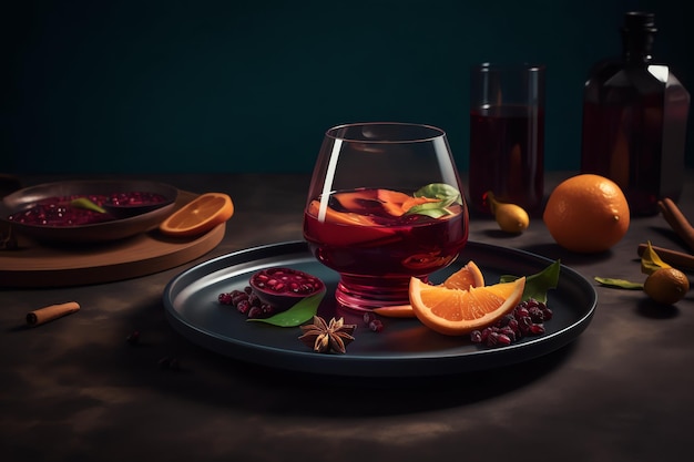 A glass of sangria sits on a wooden tray with a lemon and an orange slice on a plate