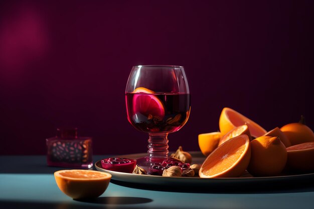 A glass of sangria sits on a wooden tray