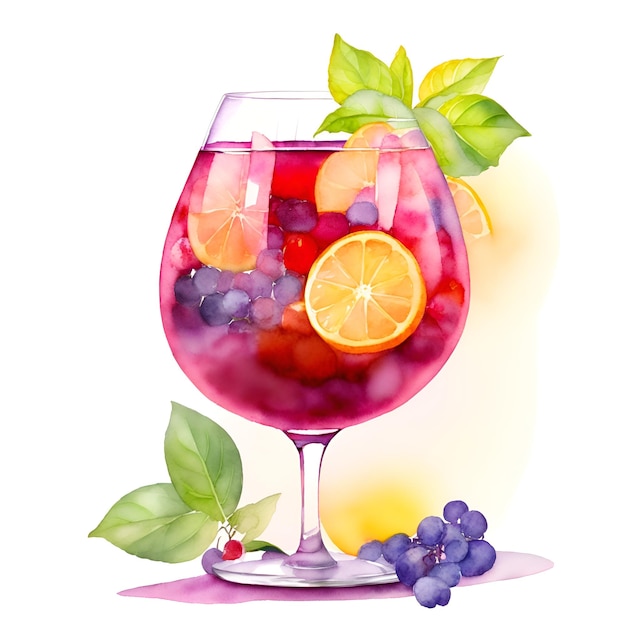 A glass of sangria with a grape and blueberries on it.