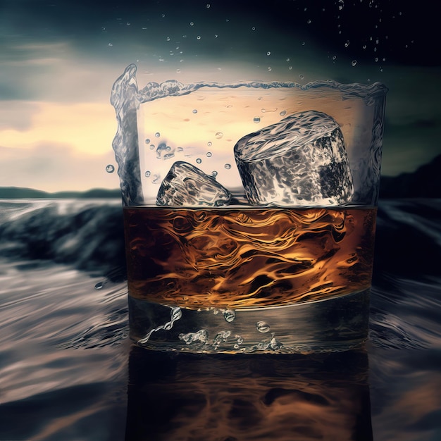 Photo glass of scotch whiskey and ice generative ai