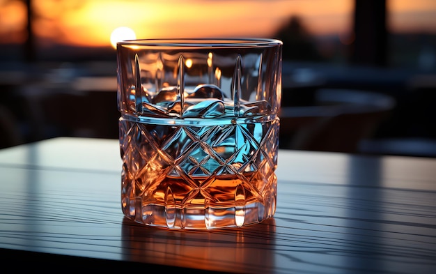 a glass of scotch whiskey or whisky on the rock in wooden table