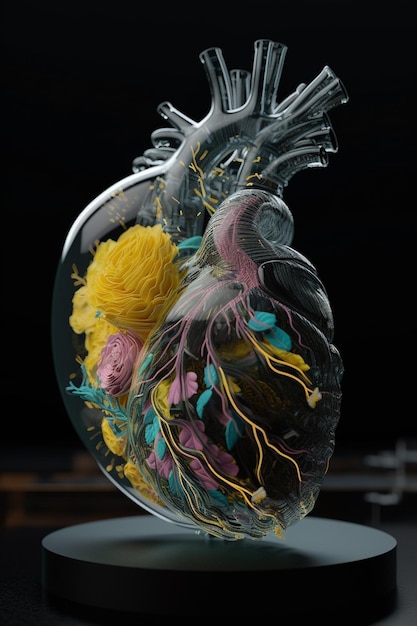 A glass sculpture of a heart with flowers on it