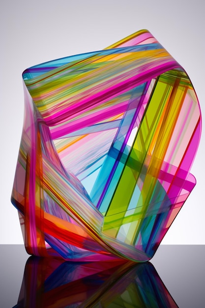 A glass sculpture of rainbow colored glass.