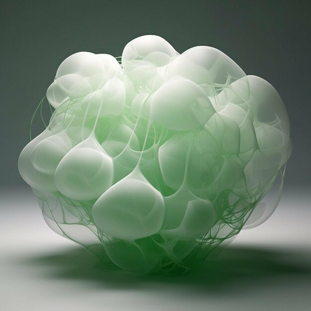 A glass sculpture of white and green bubbles is shown in a dark room.