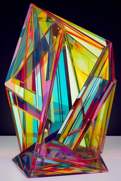 A glass sculpture with colorful glass blocks on it