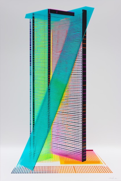 A glass sculpture with a colorful line of squares on it.