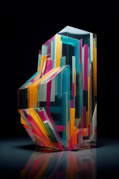 A glass sculpture with colorful lines and squares on it