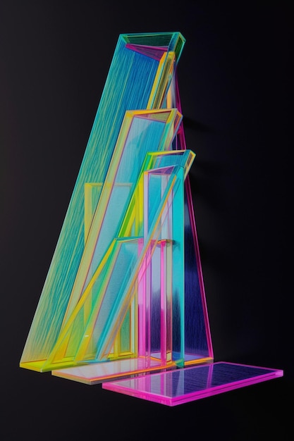 A glass sculpture with a rainbow colored light on it