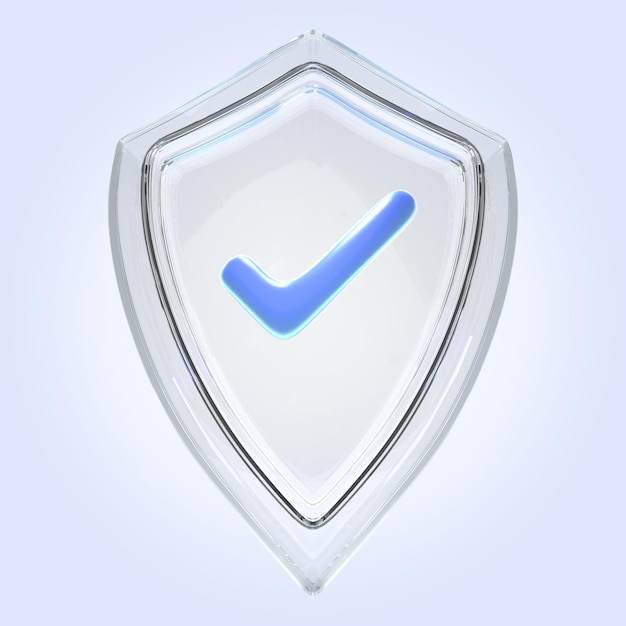 Glass shield with tick sign isolated on blue background front view 3d render Protection and safety symbol with checkmark icon computer or phone access security certificate template