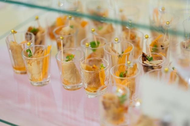 Glass shots pastry wedding catering food mini canapes food tasty dessert Beautiful decorate cate