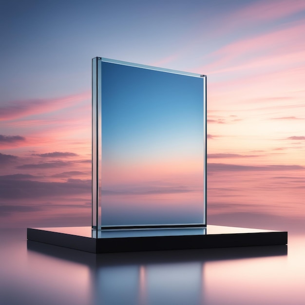 glass showcase on the background with reflection of the sky 3d rendering glass showcase on th