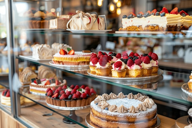 Glass showcase of pastry shop with variety of fresh cakes and pastries