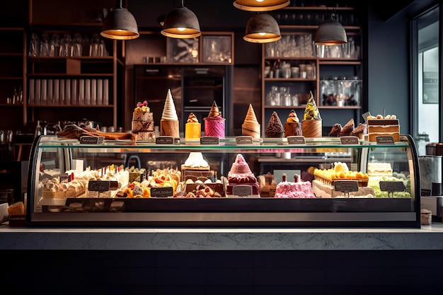 Photo glass showcase with ice cream and sweets in shop