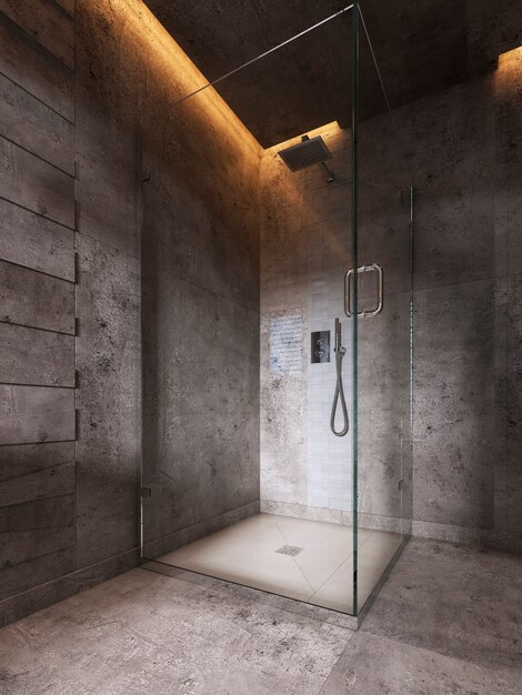 Glass shower room on a dark brown wall background. 3D rendering