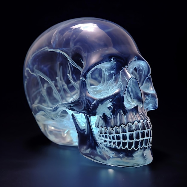 A glass skull with a blue light on it