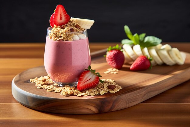 A glass of smoothie placed on a wooden deck chair with a beach hat