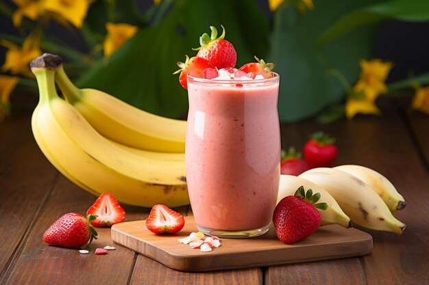 A glass of smoothie placed on a wooden deck chair with a beach hat