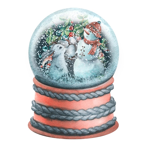 a glass snow globe on a stand with a snowman and a hare inside watercolor illustration the composition of a large set of cozy winter for the decoration and design of the new year christmas winter