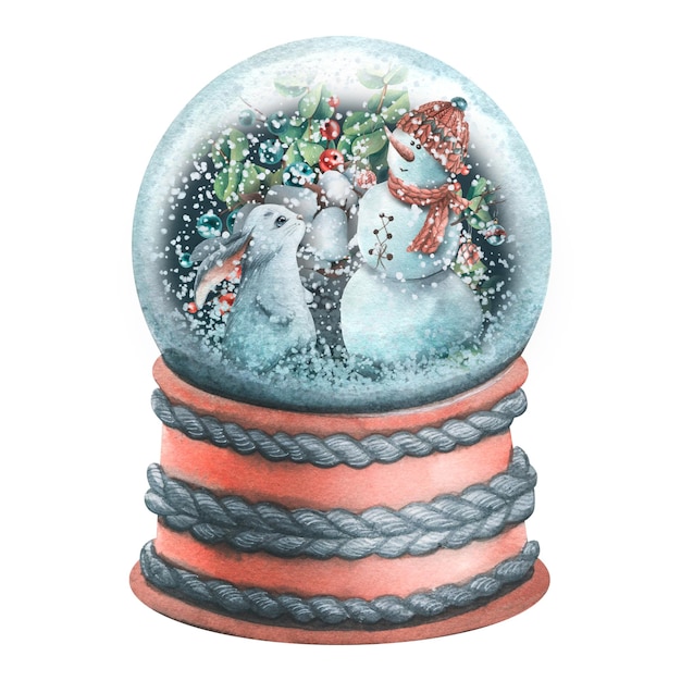 Photo a glass snow globe on a stand with a snowman and a hare inside watercolor illustration the composition of a large set of cozy winter for the decoration and design of the new year christmas winter