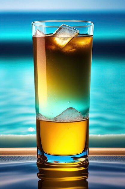 Glass of soda or drink on the edge of the pool