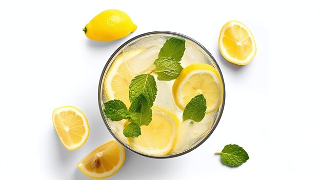 Стакан содового напитка с ломтиками лимона и мятой на белом фоне