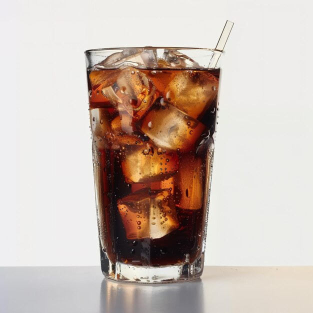 A glass of soda with ice cubes and a straw is sitting on a table AI Generative