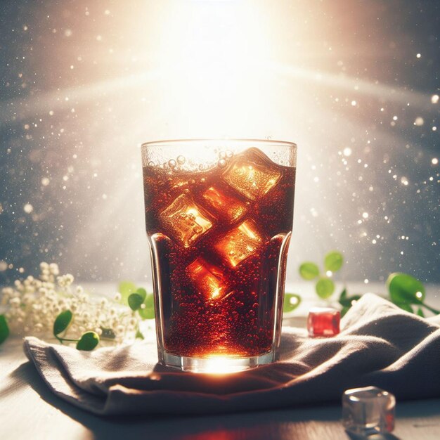 a glass of soda with a sun shining behind it