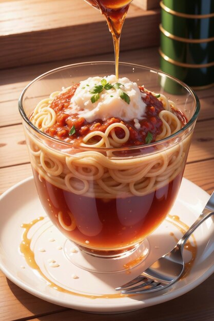 A glass of spaghetti with sauce being poured over it.