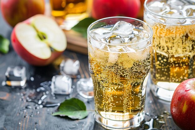 A glass of sparkling apple cider with ice cubes Best apple image photography