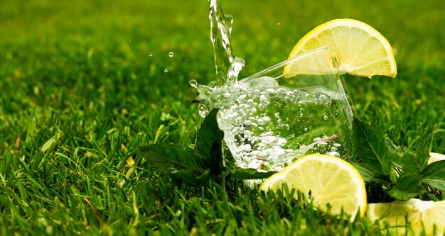 Bicchiere di acqua frizzante o limonata con limone e foglie di menta. l'acqua con spruzzi e gocce scorre in un bicchiere. bandiera.